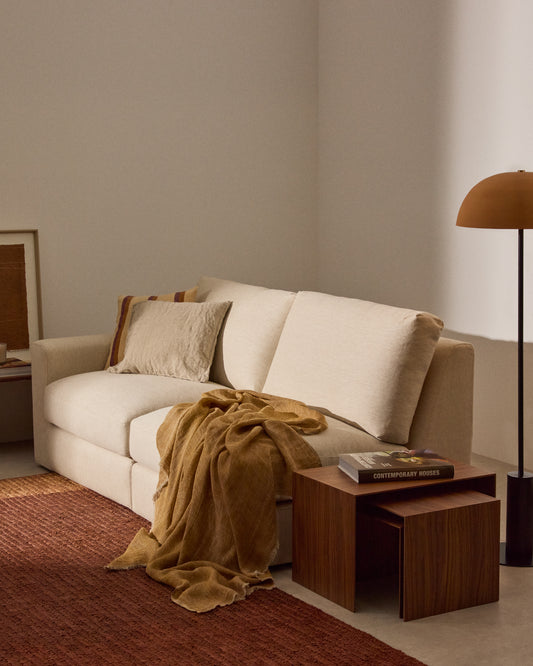 Couverture Sanae 100% lin moutarde avec franges 130 x 170 cm