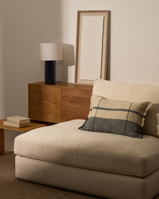 Housse de coussin Eron en lin à carreaux et franges beige et bleue 40 x 60 cm