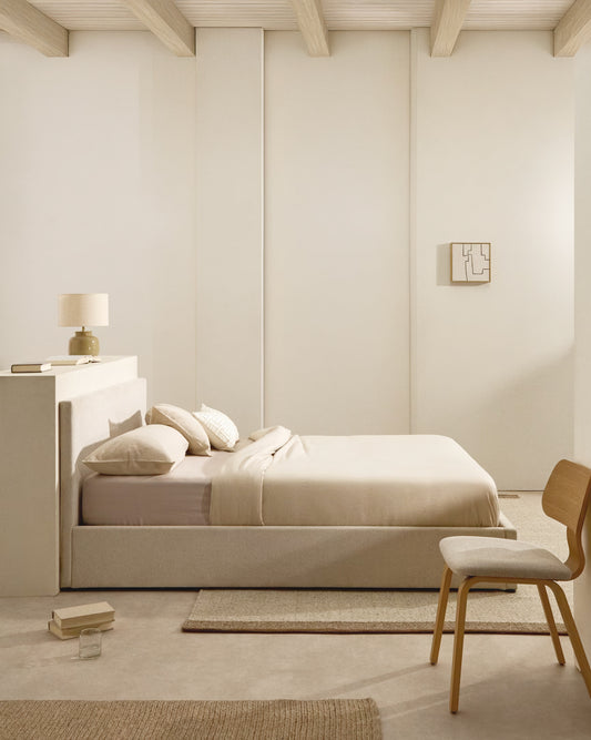 Lit Nahiri en chenille beige avec coffre relevable pour matelas de 180 x 200 cm