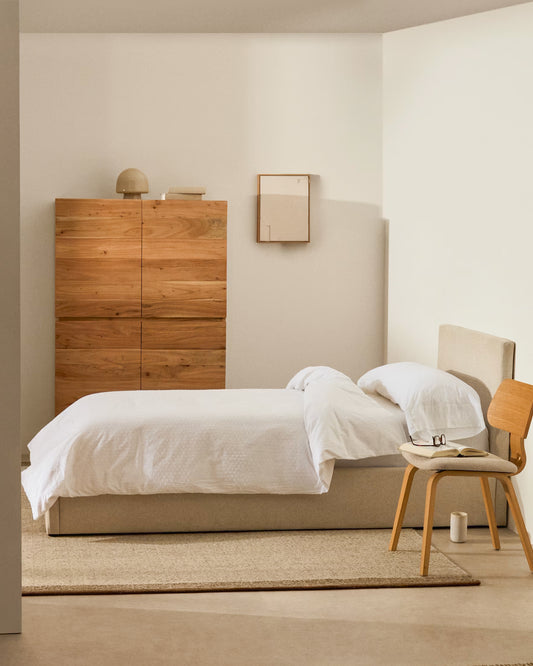 Lit Nahiri en chenille beige avec coffre relevable pour matelas de 90 x 200 cm