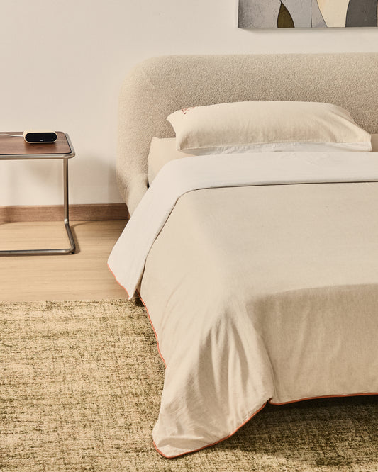 Ensemble Virelda housse de couette et taie d’oreiller en coton et lin beige avec broderie pour lit de 90 cm