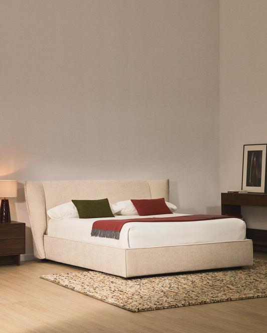 Lit déhoussable Arvian en chenille beige avec coffre relevable pour matelas de 180 x 200 cm