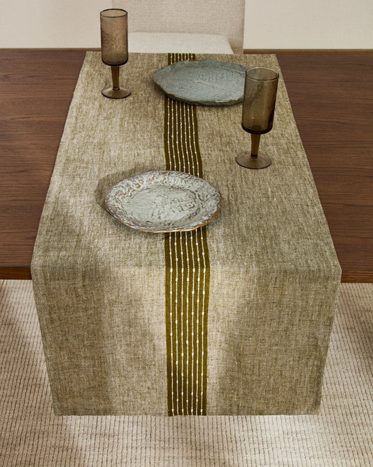 Chemin de table Calena en jacquard de lin avec bande centrale verte 50 x 150 cm