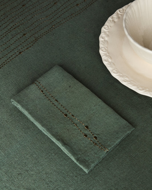 Ensemble Flia de 2 serviettes en lin et coton vert avec broderie en lurex doré 30 x 30 cm