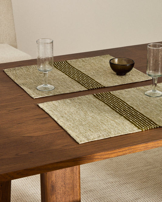 Lot de 2 sets de table Calena en jacquard lin avec bande centrale verte 35 x 50 cm