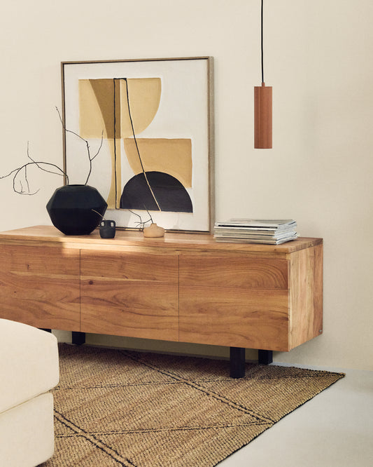 Meuble TV Uxue 3 portes en bois d’acacia avec finition blanchie 150 x 58 cm