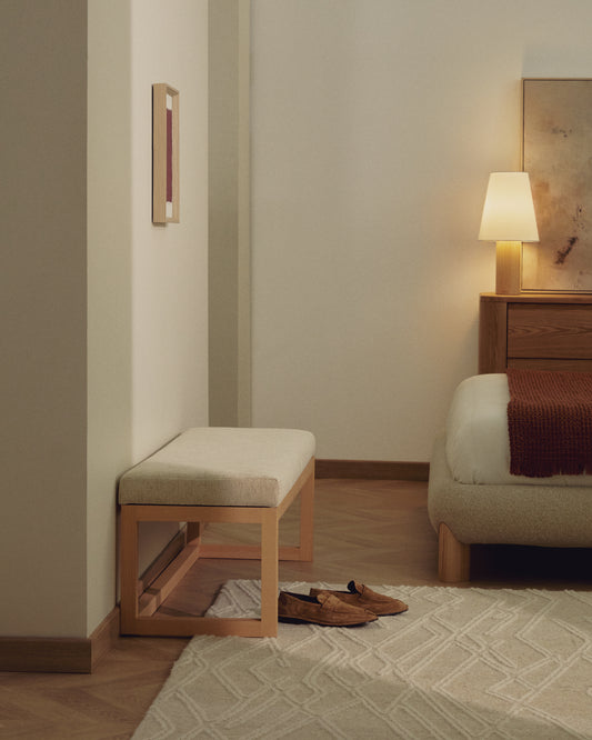 Banquette Loya en chenille beige et bois de hêtre 128 cm
