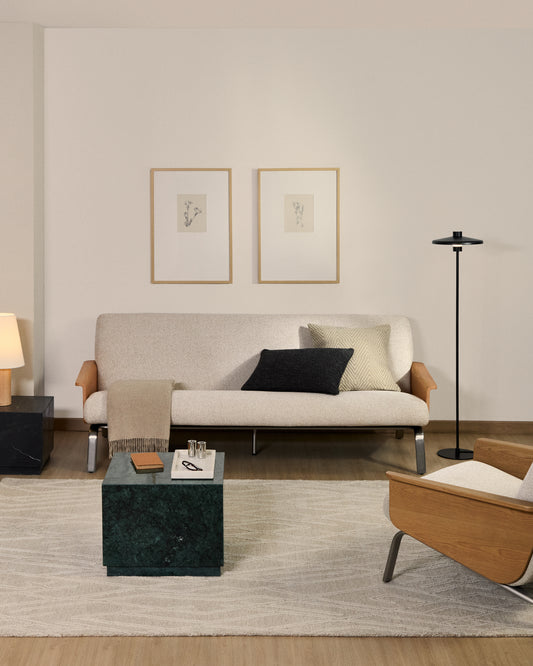 Canapé Amsen en chenille beige de 3 places en contreplaqué de chêne avec pieds en acier inoxydable brossé 205 cm