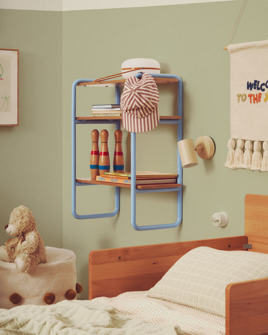 Étagère Tinn en placage de frêne et structure en métal bleu 70 x 60 cm