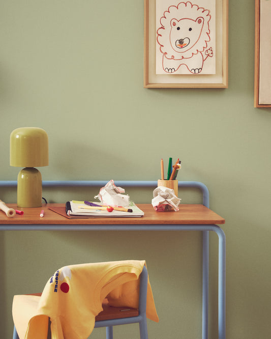 Bureau Tinn en placage de frêne et structure en métal bleu 82 x 45 cm