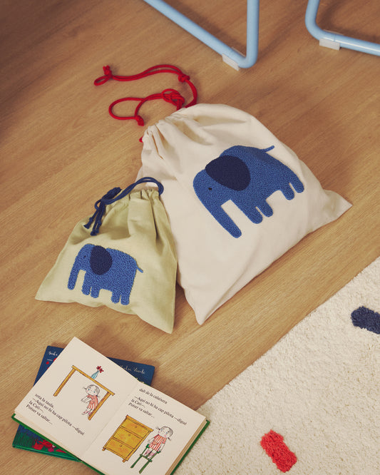 Ensemble Tandani set de 2 sacs en coton beige et vert avec éléphant bleu brodé