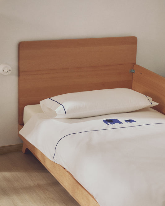 Ensemble Tandari housse de couette et taie d’oreiller en percale de coton beige avec broderie éléphant pour lit de 70 cm