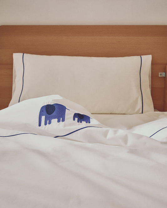 Ensemble Tandari housse de couette et taie d’oreiller en percale de coton beige avec broderie éléphant pour berceau évolutif