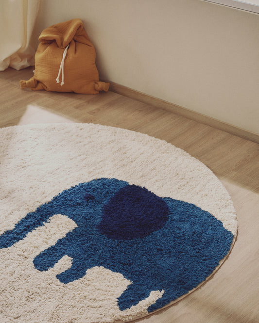Tapis rond Tandani en coton beige avec éléphant bleu Ø 100 cm