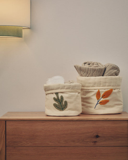 Ensemble Tandani de 2 paniers pour enfants en coton beige avec feuilles brodées