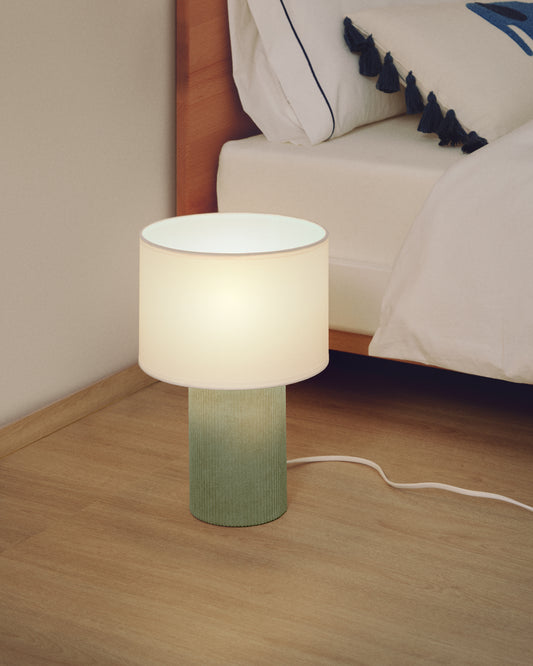 Lampe de table Bianella en coton et velours côtelé turquoise