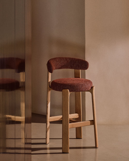 Tabouret Granite en tissu chenille terracotta et bois de frêne avec finition ton naturel FSC 100 % 75 cm