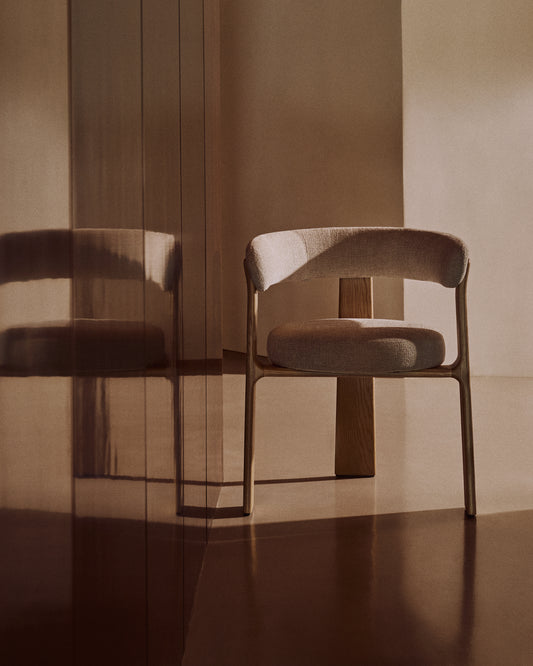 Granite 3-legged chair in beige chenille and solid ash wood in a natural tone finish FSC 100%