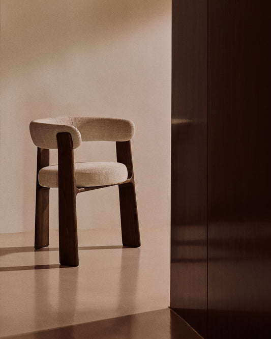 Granite 3-legged chair in beige chenille and with solid ash wood in a walnut finish FSC 100%