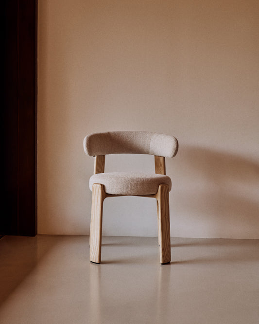 Chaise Granite en tissu chenille beige et bois de frêne finition ton naturel FSC 100%