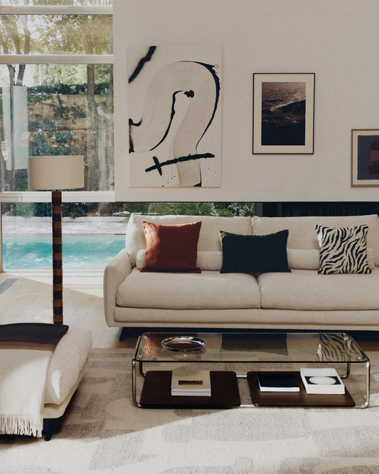 Table basse Tarsel en verre trempé et plateau en placage de noyer avec structure en acier inoxydable brossé 140 x 60 cm