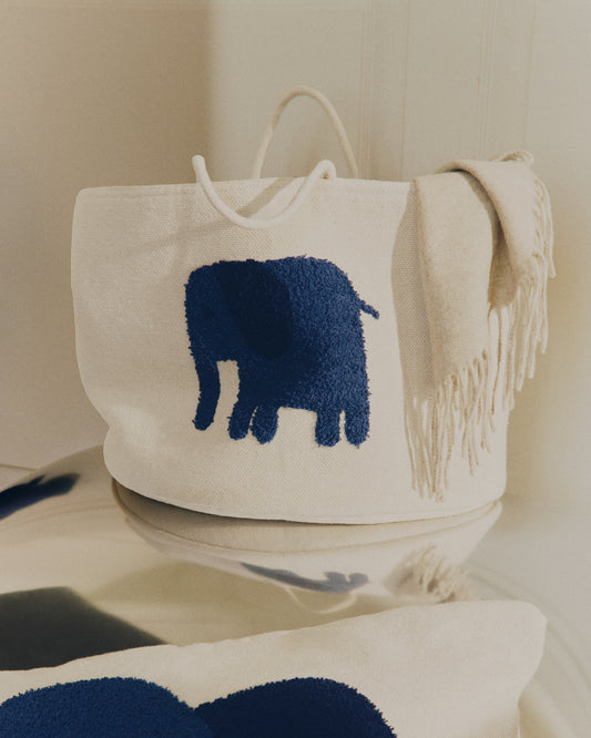 Panier Tandani en coton beige avec éléphant bleu 30 cm