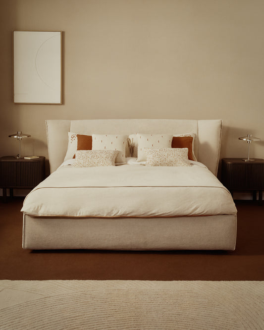 Lit déhoussable Arvian en chenille beige avec coffre relevable pour matelas de 160 x 200 cm
