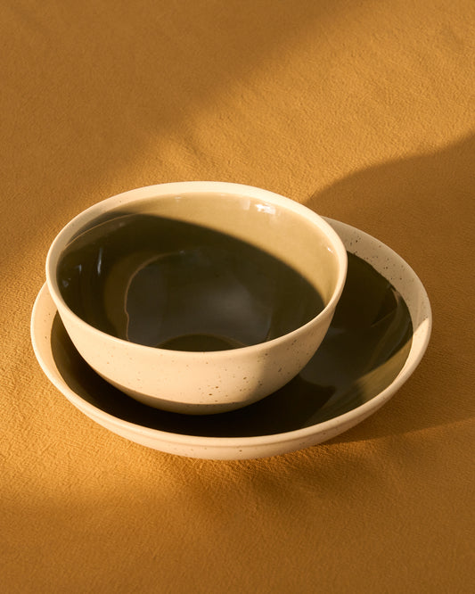 Nale beige ceramic soup bowl with green bottom
