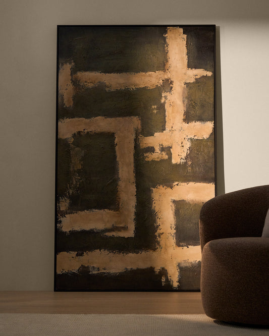 Tableau abstrait Emeri peint à la main vert olive et beige 120 x 200 cm