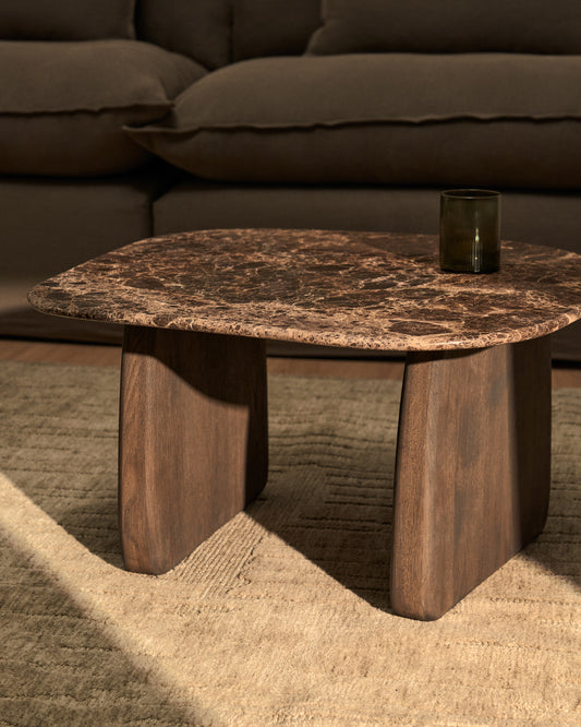 Table auxiliaire Pirita en marbre marron et pieds en bois de chêne avec finition foncée 71 x 70 cm FSC 100 %