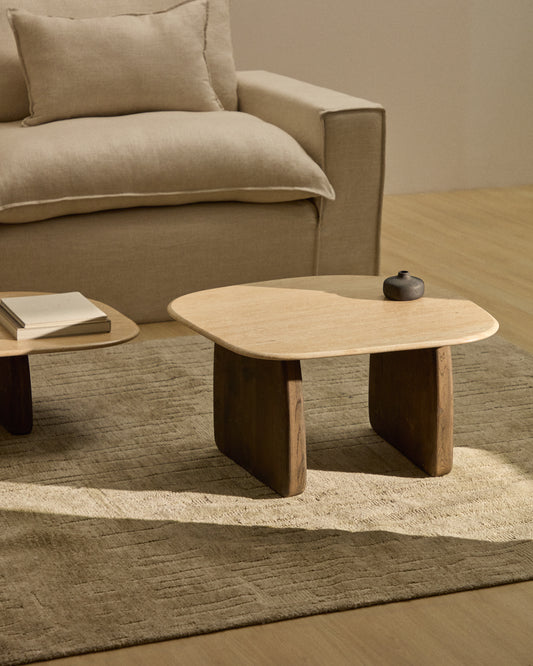 Table auxiliaire Pirita en travertin beige et pieds en bois de chêne avec finition foncée 71 x 70 cm FSC 100 %