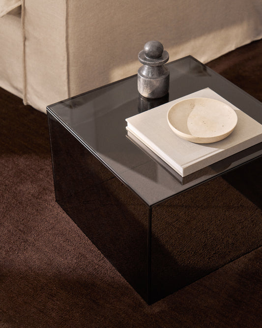 Orlia side table in dark grey tempered glass 50 x 50cm
