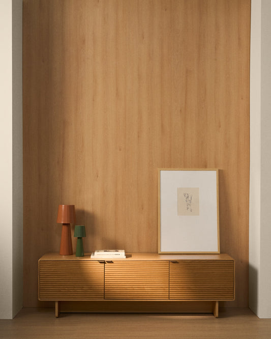 Meuble TV Norlen 3 portes en placage de chêne avec finition naturelle FSC Mix Credit 150 x 40 cm