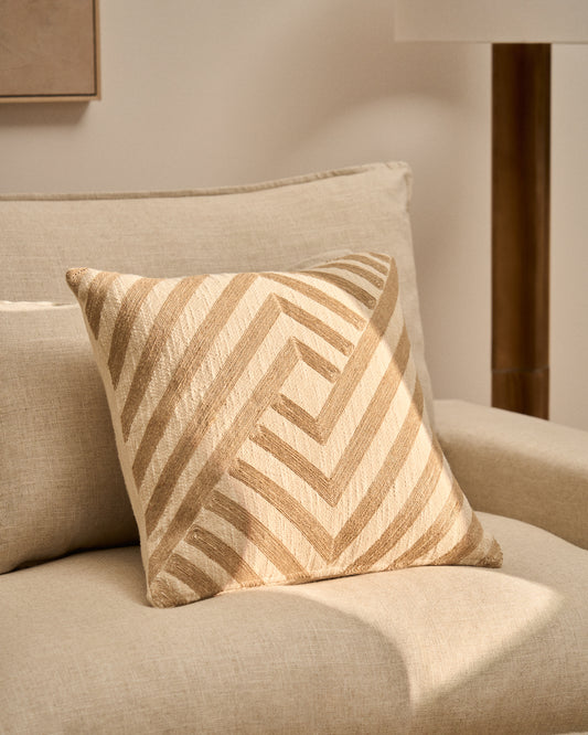 Housse de coussin Silume en coton écru avec broderie en jute beige 45 x 45 cm