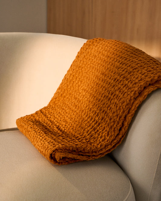 Couverture Nulina 100 % coton gaufré moutarde 130 x 170 cm