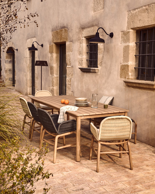 Ensemble table Sori en bois d’acacia et 6 chaises Alipa en bois d’acacia et corde écrue 200 x 100 cm FSC 100 %
