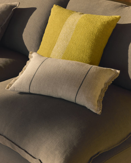 Housse de coussin Lidore en lin beige à rayures contrastées vertes 30 x 50 cm