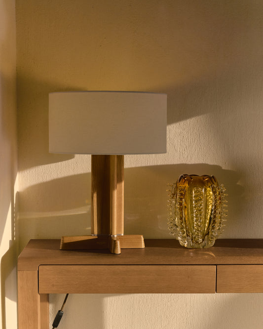 Lampe de table Niani en bois d’hévéa, finition ton naturel et abat-jour en coton couleur ivoire Ø 30 cm