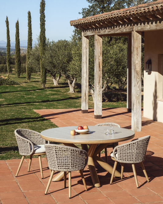 Table d’extérieur Mirtia en aluminium effet bois et pierre frittée écrue Ø 148 cm