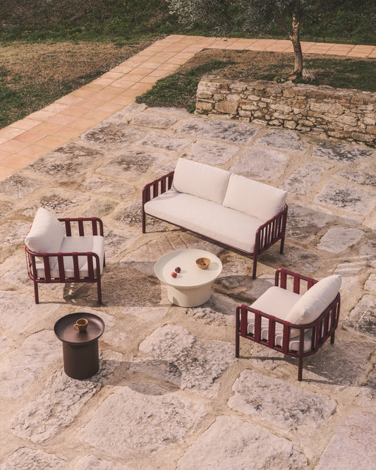 Ensemble Omala composé d’un canapé 2 places et 2 fauteuils en corde et aluminium bordeaux