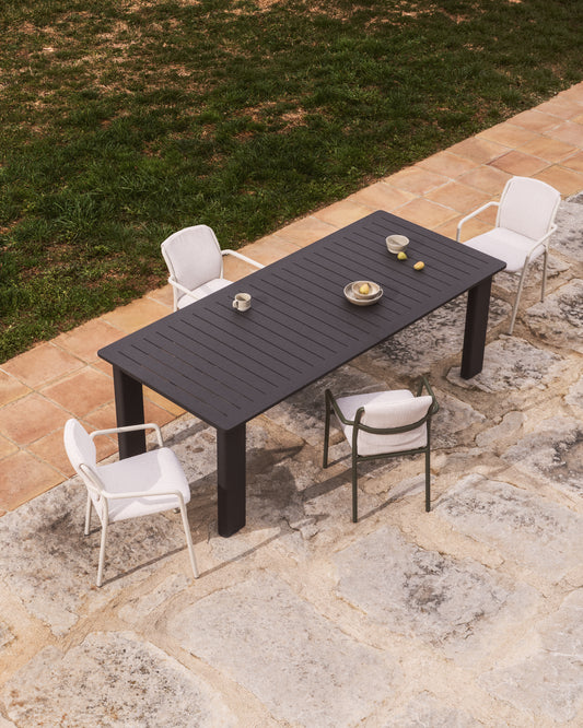 Ensemble table extensible Livorno en aluminium graphite 233 (350) x 100 cm et 6 chaises Alimia en aluminium graphite et corde synthétique grise