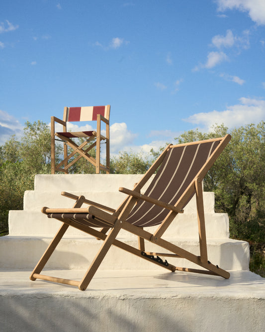 Transat pliable d’extérieur Vilara rayures marron et beige en bois d’acacia FSC 100 %