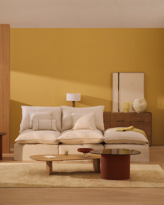 Canapé modulable déhoussable Anarela 3 places avec pouf terminal en lin et viscose beige 310 cm FSC Mix Credit