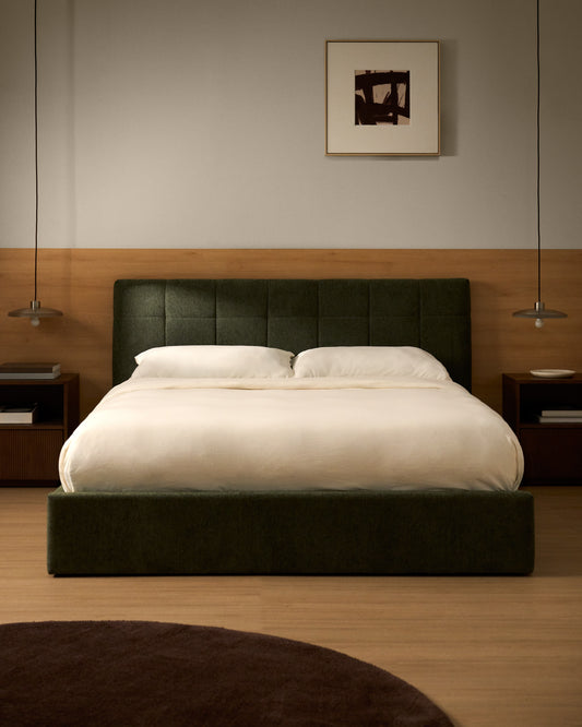 Lit avec sommier coffre Darnela en chenille vert mousse pour matelas de 180 x 200 cm