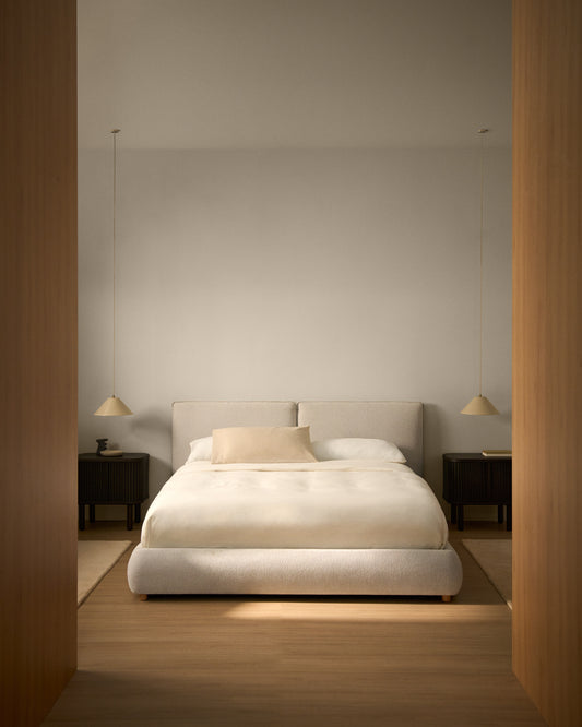 Lit Elerio en chenille écrue pour matelas de 150 x 200 cm