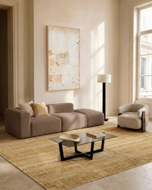 Canapé Blok 3 places avec accoudoir gauche et pouf terminal en chenille marron 270 cm – FSC Mix Credit