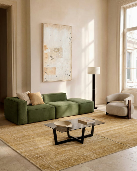 Canapé Blok 3 places avec accoudoir droit et pouf terminal en velours côtelé épais vert 270 cm – FSC Mix Credit
