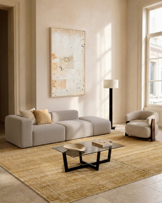 Canapé Blok 3 places avec accoudoir gauche et pouf terminal en chenille beige 270 cm – FSC Mix Credit
