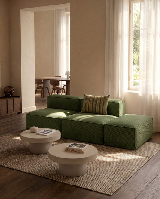 Canapé Blok 3 places avec pouf terminal en velours côtelé épais vert 270 cm – FSC Mix Credit