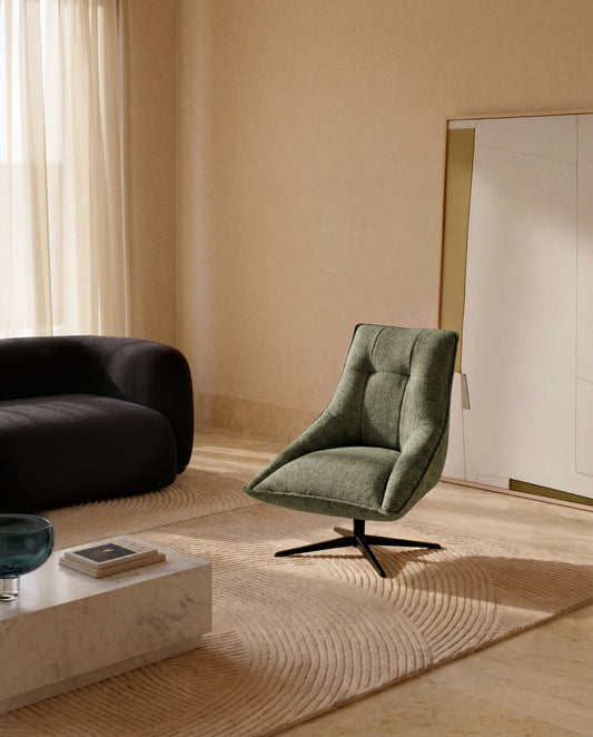 Fauteuil pivotant Dirala en chenille verte et acier avec finition noire FSC 100 %